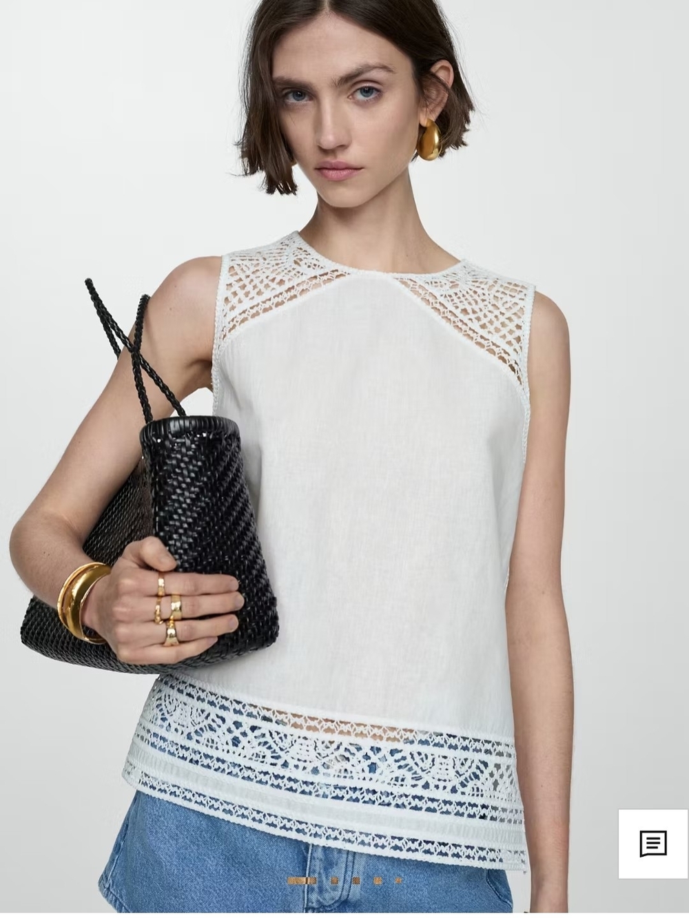 Mango Sleeveless White Lace-Trim Tank Top